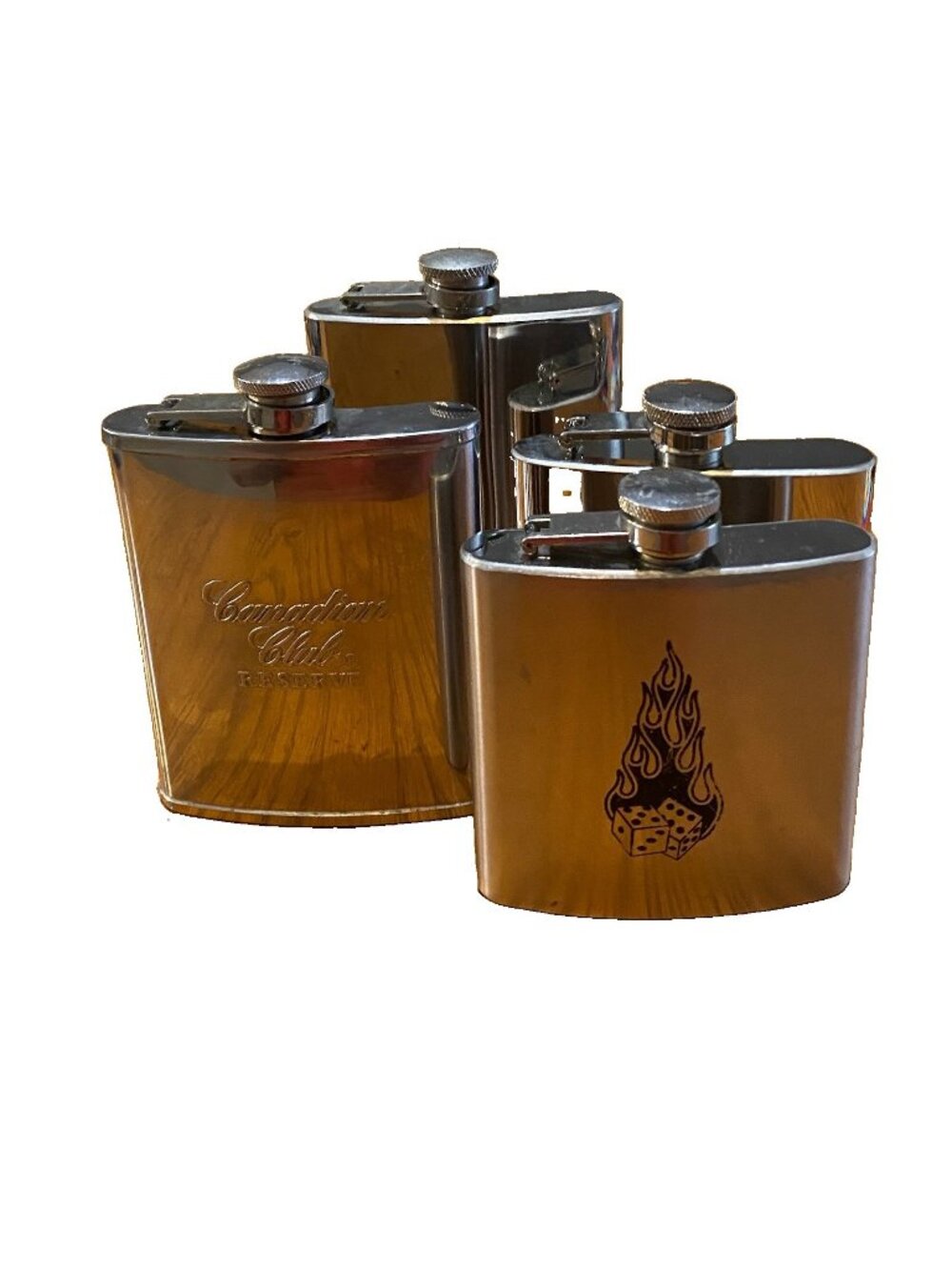 4 Stainless Steel Flasks - 2 Are 6oz, 1 Is 7oz 1is 8oz 3 Have Etching
